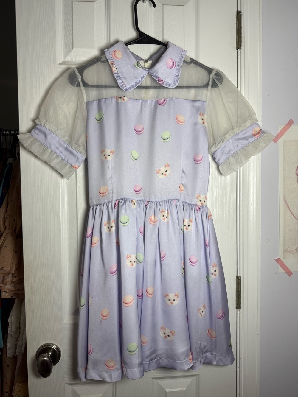 KAWAII Pastel Lavender Macaron Print Dress with Sheer Puff Sleeves
